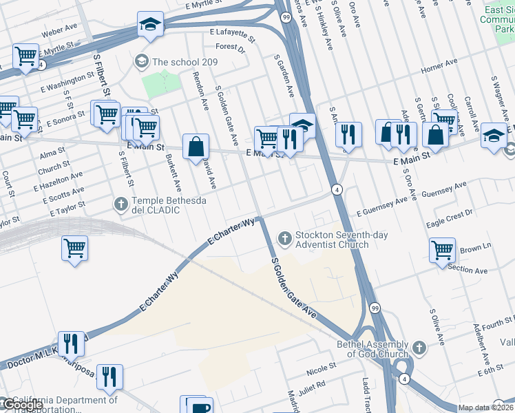 map of restaurants, bars, coffee shops, grocery stores, and more near 1027 South Golden Gate Avenue in Stockton