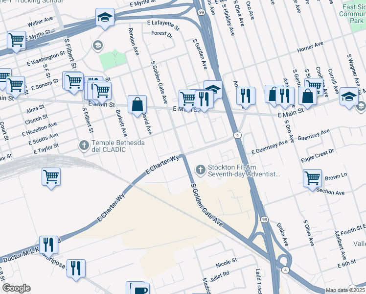 map of restaurants, bars, coffee shops, grocery stores, and more near 1032 South Golden Gate Avenue in Stockton