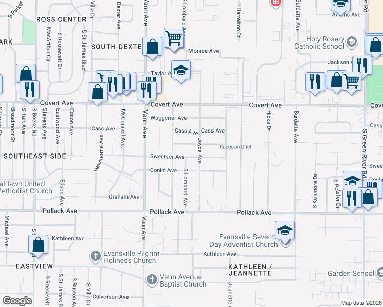 map of restaurants, bars, coffee shops, grocery stores, and more near 3513-3517 Sweetser Avenue in Evansville