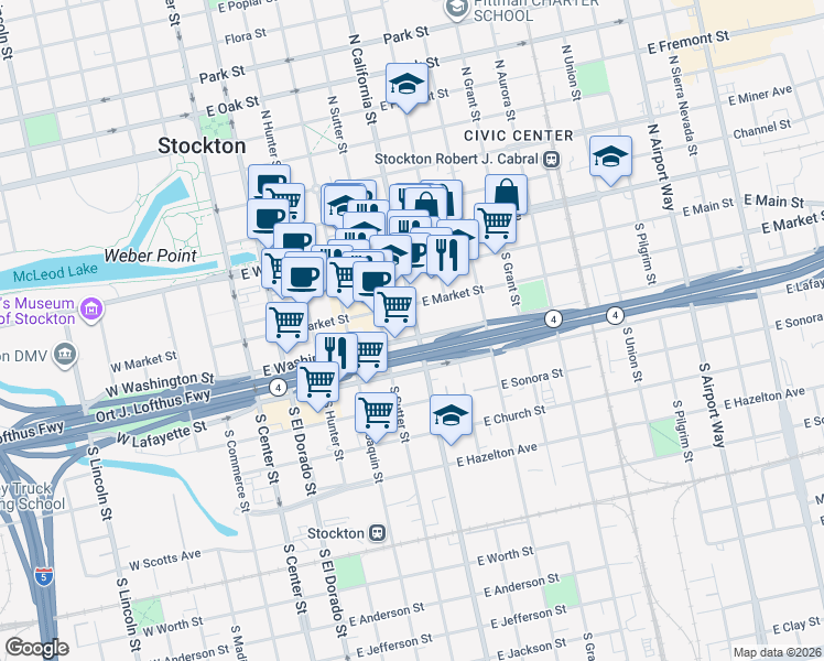 map of restaurants, bars, coffee shops, grocery stores, and more near 201 California Street in Stockton