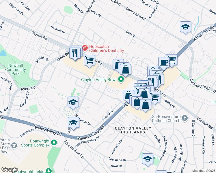map of restaurants, bars, coffee shops, grocery stores, and more near 5276 Balhan Court in Concord