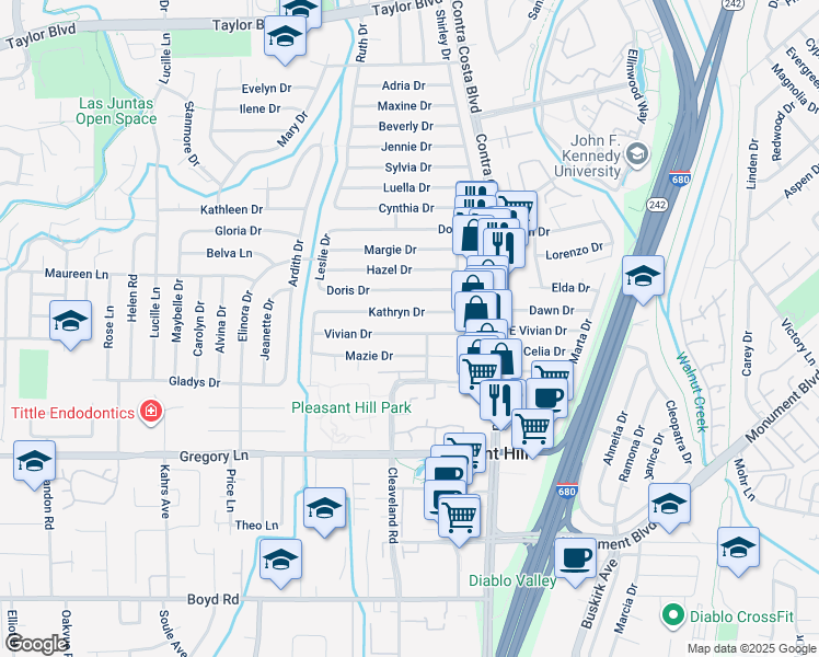 map of restaurants, bars, coffee shops, grocery stores, and more near 112 Vivian Drive in Pleasant Hill