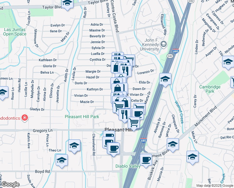 map of restaurants, bars, coffee shops, grocery stores, and more near 15-25 Vivian Drive in Pleasant Hill