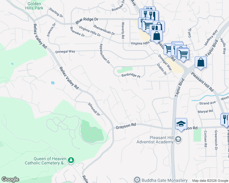 map of restaurants, bars, coffee shops, grocery stores, and more near 257 Golf Links Street in Pleasant Hill
