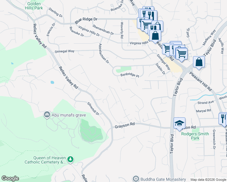 map of restaurants, bars, coffee shops, grocery stores, and more near 257 Golf Links Street in Pleasant Hill