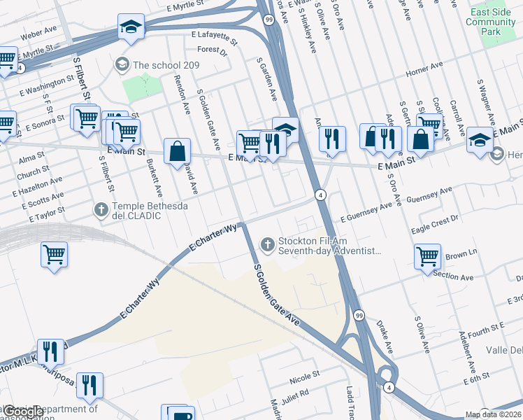 map of restaurants, bars, coffee shops, grocery stores, and more near 1050 South Windsor Avenue in Stockton