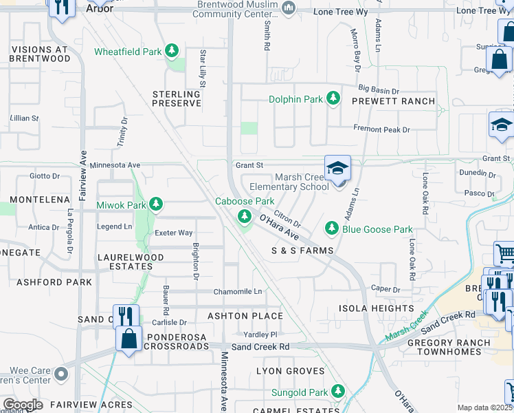 map of restaurants, bars, coffee shops, grocery stores, and more near 1057 Coriander Drive in Brentwood
