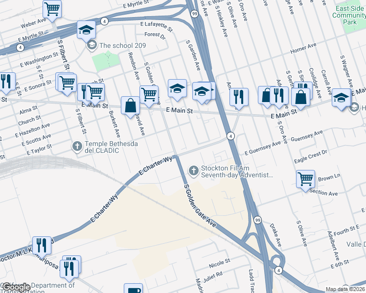 map of restaurants, bars, coffee shops, grocery stores, and more near 1050 South Windsor Avenue in Stockton