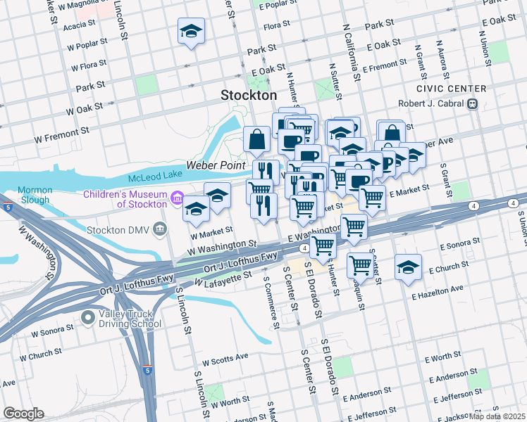map of restaurants, bars, coffee shops, grocery stores, and more near 4 West Market Street in Stockton