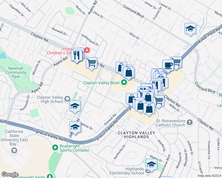 map of restaurants, bars, coffee shops, grocery stores, and more near 5273 Balhan Court in Concord