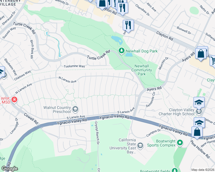 map of restaurants, bars, coffee shops, grocery stores, and more near 4417 Canoe Birch Court in Concord