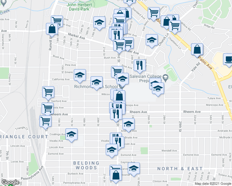 map of restaurants, bars, coffee shops, grocery stores, and more near 1229-1231 23rd Street in Richmond