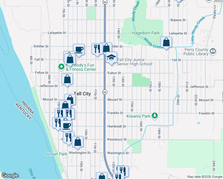 map of restaurants, bars, coffee shops, grocery stores, and more near 700-798 13th Street in Tell City