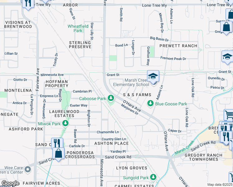 map of restaurants, bars, coffee shops, grocery stores, and more near 1057 Coriander Drive in Brentwood