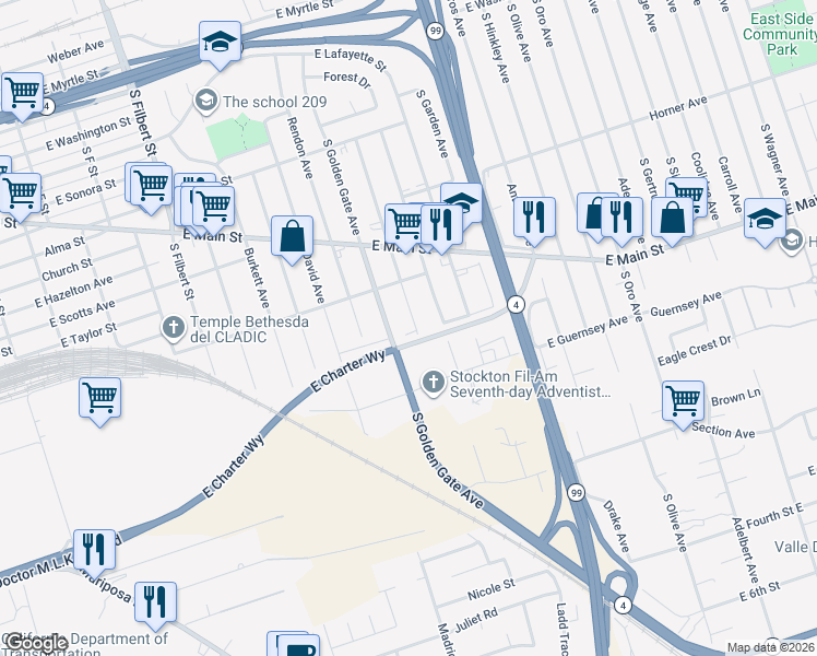 map of restaurants, bars, coffee shops, grocery stores, and more near 1050 South Windsor Avenue in Stockton