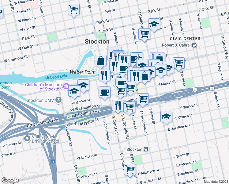 map of restaurants, bars, coffee shops, grocery stores, and more near 35 El Dorado Street in Stockton