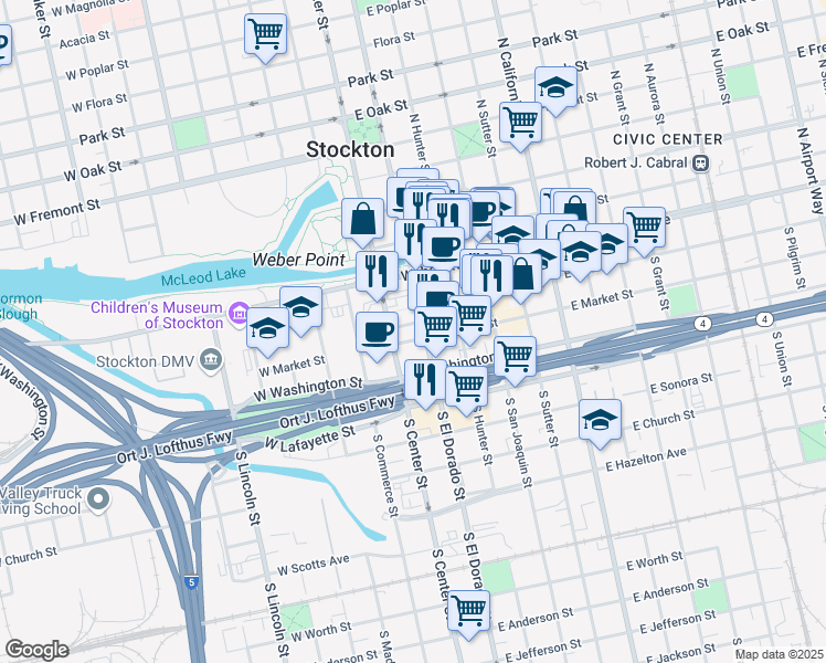 map of restaurants, bars, coffee shops, grocery stores, and more near 35 El Dorado Street in Stockton