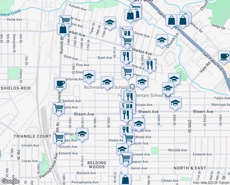 map of restaurants, bars, coffee shops, grocery stores, and more near 2101 Wilcox Avenue in San Pablo