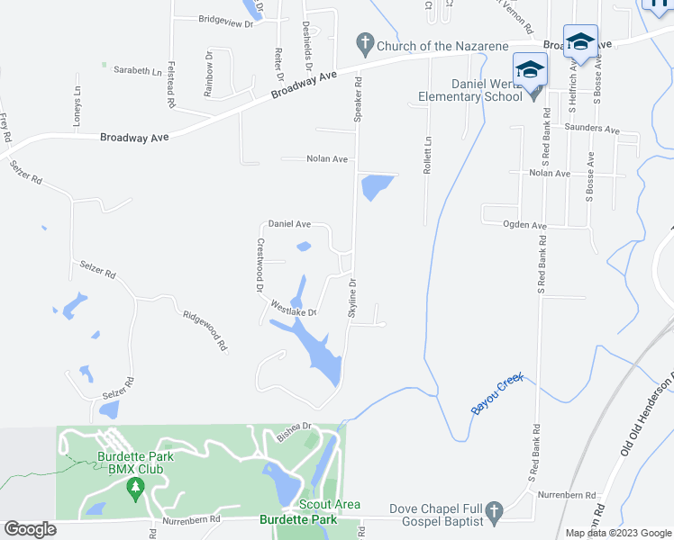 map of restaurants, bars, coffee shops, grocery stores, and more near 5115 Westlake Drive in Evansville
