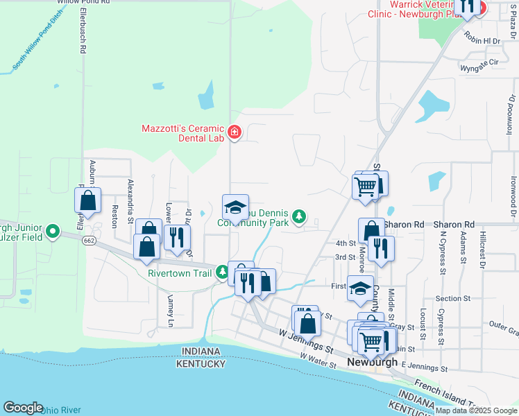 map of restaurants, bars, coffee shops, grocery stores, and more near 613 Village Lane in Newburgh