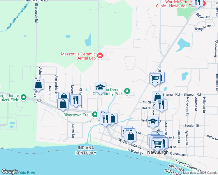 map of restaurants, bars, coffee shops, grocery stores, and more near 613 Village Lane in Newburgh