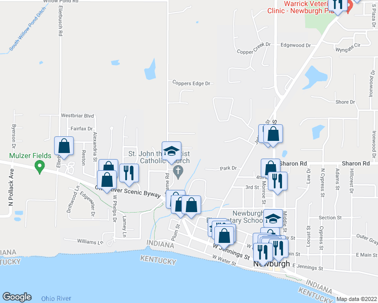map of restaurants, bars, coffee shops, grocery stores, and more near 613 Village Lane in Newburgh