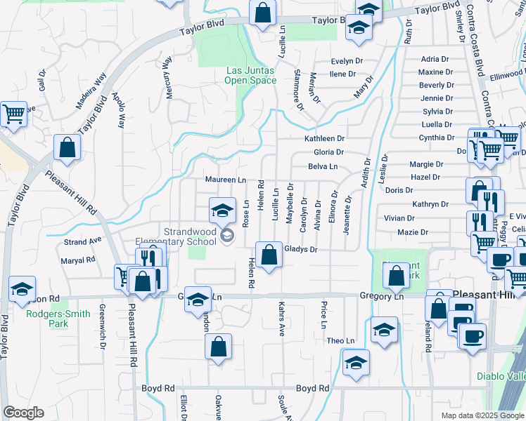 map of restaurants, bars, coffee shops, grocery stores, and more near 1937 Helen Road in Pleasant Hill