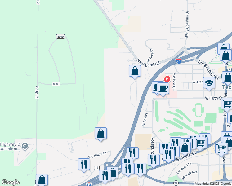 map of restaurants, bars, coffee shops, grocery stores, and more near 1000 Bluebird Lane in Rolla