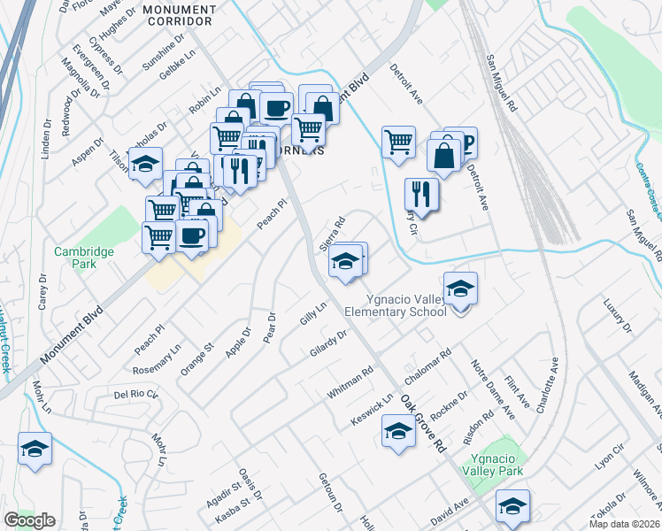 map of restaurants, bars, coffee shops, grocery stores, and more near 1971 Cameron Court in Concord