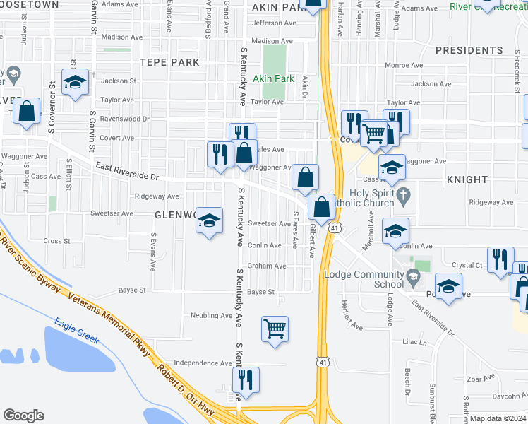 map of restaurants, bars, coffee shops, grocery stores, and more near 1726 South New York Avenue in Evansville