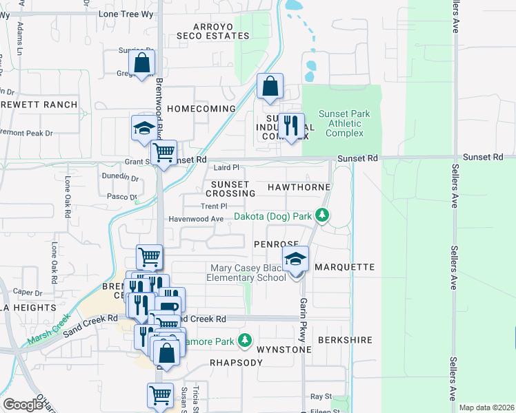 map of restaurants, bars, coffee shops, grocery stores, and more near 527 Stratford Way in Brentwood