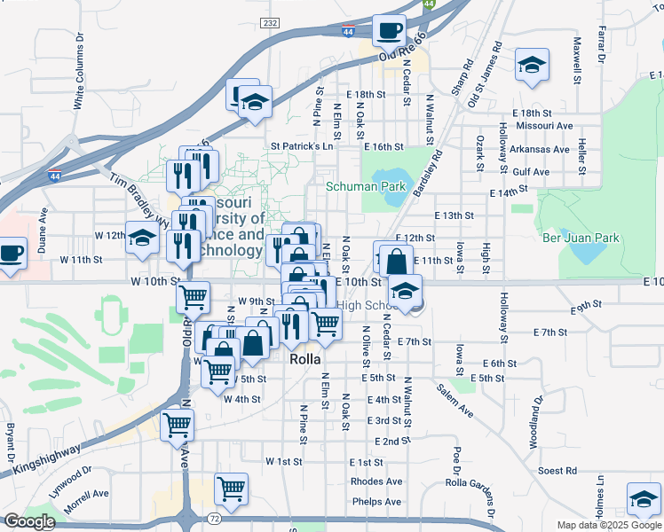 map of restaurants, bars, coffee shops, grocery stores, and more near in Rolla