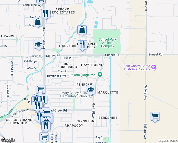map of restaurants, bars, coffee shops, grocery stores, and more near 543 Belmont Court in Brentwood