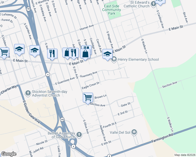 map of restaurants, bars, coffee shops, grocery stores, and more near 1333 Grey Fox Place in Stockton