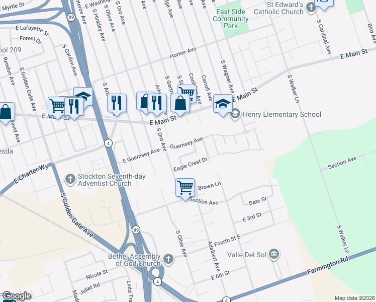 map of restaurants, bars, coffee shops, grocery stores, and more near 4191 Eagle Crest Drive in Stockton