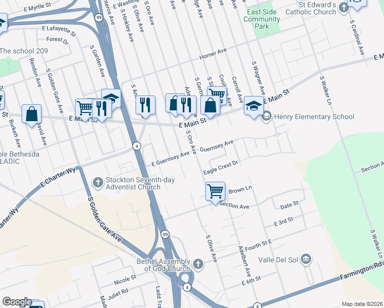 map of restaurants, bars, coffee shops, grocery stores, and more near 3950 Guernsey Avenue in Stockton