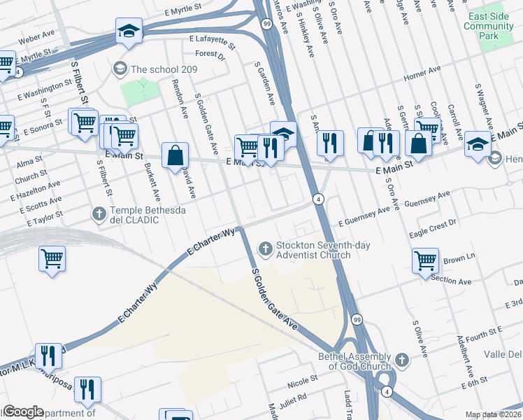 map of restaurants, bars, coffee shops, grocery stores, and more near 1050 South Windsor Avenue in Stockton