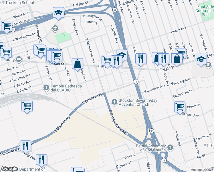 map of restaurants, bars, coffee shops, grocery stores, and more near 1050 South Windsor Avenue in Stockton