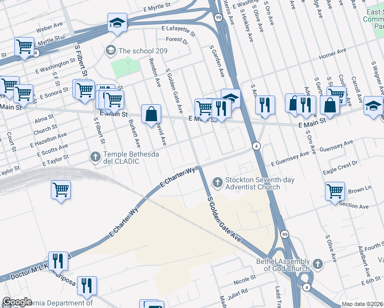 map of restaurants, bars, coffee shops, grocery stores, and more near 1027 South Golden Gate Avenue in Stockton