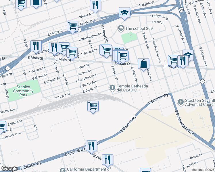 map of restaurants, bars, coffee shops, grocery stores, and more near 2436 East Worth Street in Stockton