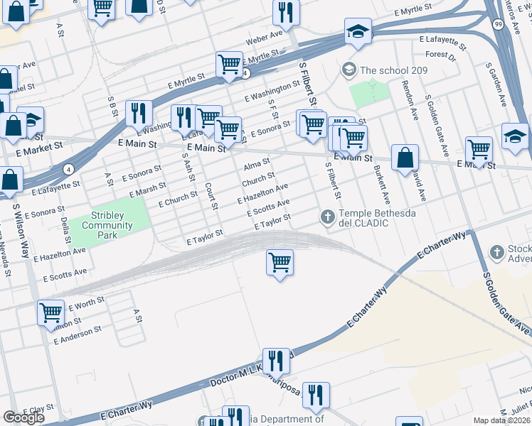 map of restaurants, bars, coffee shops, grocery stores, and more near 2318 East Taylor Street in Stockton