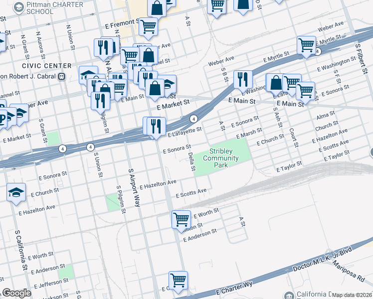 map of restaurants, bars, coffee shops, grocery stores, and more near 420 South Della Street in Stockton