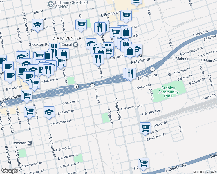 map of restaurants, bars, coffee shops, grocery stores, and more near 343 South Airport Way in Stockton