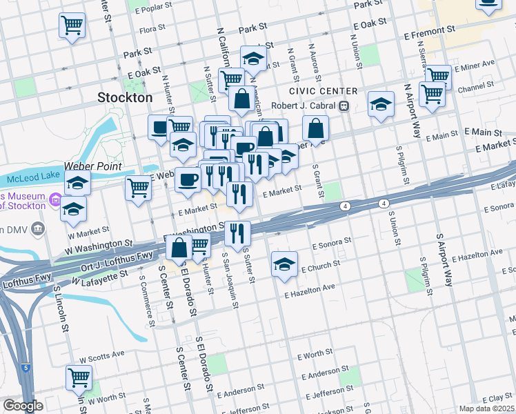 map of restaurants, bars, coffee shops, grocery stores, and more near 201 California Street in Stockton