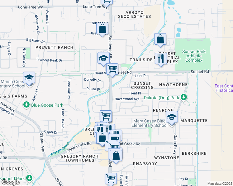 map of restaurants, bars, coffee shops, grocery stores, and more near 67 Cottonwood Common in Brentwood