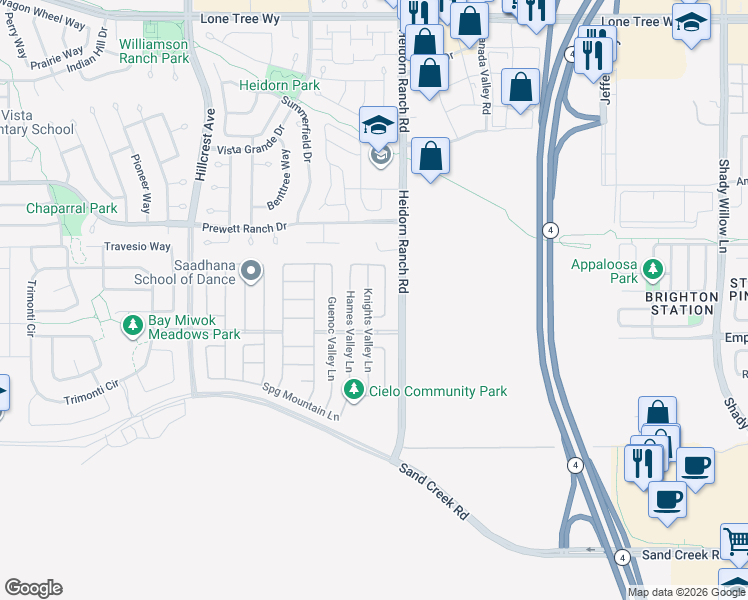 map of restaurants, bars, coffee shops, grocery stores, and more near 5361 Redwood Valley Lane in Antioch