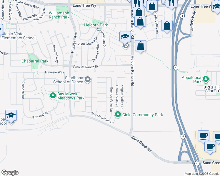 map of restaurants, bars, coffee shops, grocery stores, and more near 5580 Saddle Rock Lane in Antioch