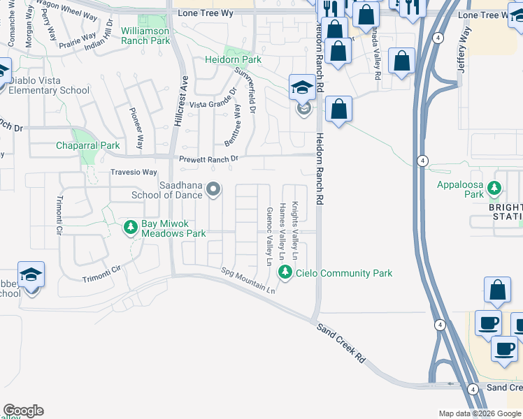map of restaurants, bars, coffee shops, grocery stores, and more near 5341 McDowell Valley Lane in Antioch