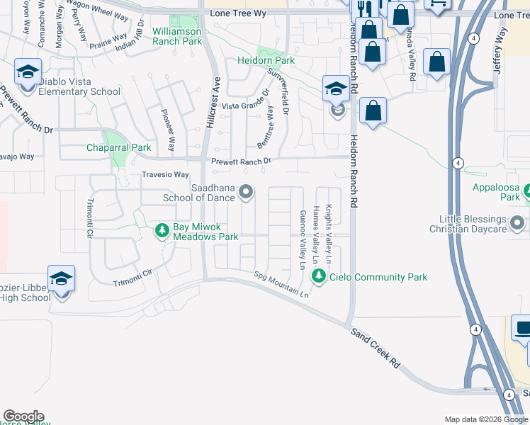 map of restaurants, bars, coffee shops, grocery stores, and more near 5345 Capay Valley Lane in Antioch