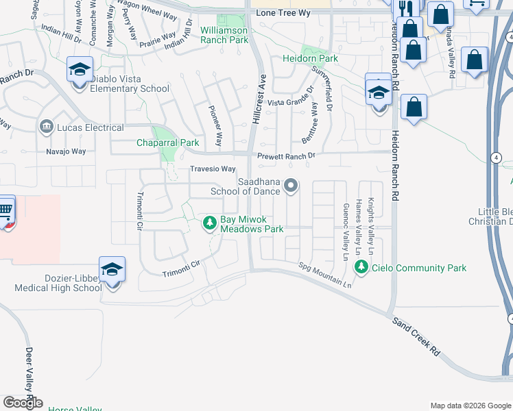 map of restaurants, bars, coffee shops, grocery stores, and more near 5358 Potter Valley Lane in Antioch